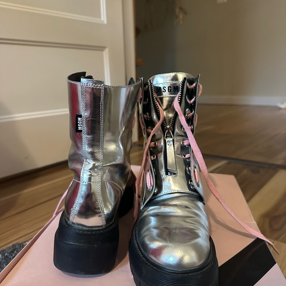 MSGM Silver Combat Boots with Pink Laces